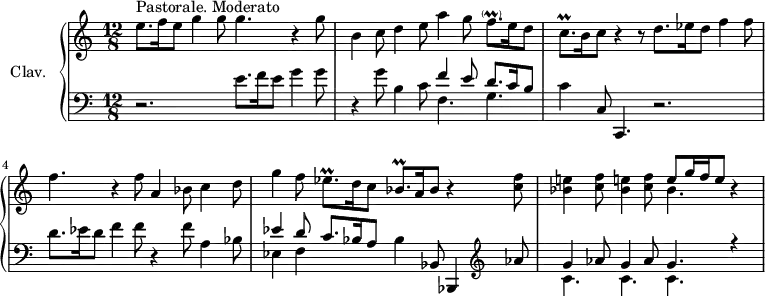 \version "2.18.2"
\header {
tagline = ##f
}
% petites notes
prallF = { \tag #'print { f8.-\parenthesize\prall } \tag #'midi { g32 f g f~ f16 } }
prallC = { \tag #'print { c8.\prall } \tag #'midi { d32 c d c~ c16 } }
prallEes = { \tag #'print { ees8.\prall } \tag #'midi { f32 ees f ees~ ees16 } }
prallBes = { \tag #'print { bes8.\prall } \tag #'midi { c32 bes c bes~ bes16 } }
upper = \relative c'' {
\clef treble
\key c \major
\time 12/8
\tempo 4. = 58
\set Staff.midiInstrument = #"harpsichord"
e8.^"Pastorale. Moderato" f16 e8 g4 g8 g4. r4 g8 | b,4 c8 d4 e8 a4 g8 \prallF e16 d8 | \prallC b16 c8 r4 r8 d8. ees16 d8 f4 f8 |
% ms. 4
f4. r4 f8 a,4 bes8 c4 d8 | g4 f8 \prallEes d16 c8 \prallBes a16 bes8 r4 < c f >8 |
% ms. 6
< bes e! >4 < c f >8 < bes e! >4 < c f >8 << { e8 g16 f e8 } \\ { bes4. } >> r4 s8
}
lower = \relative c' {
\clef bass
\key c \major
\time 12/8
\set Staff.midiInstrument = #"harpsichord"
% **************************************
r2. e8. f16 e8 g4 g8 | r4 g8 b,4 c8 << { f4 e8 d8. c16 b8 } \\ { f4. g } >> | c4 c,8 c,4. r2. |
% ms. 4
d''8. ees16 d8 f4 f8 r4 f8 a,4 bes8 | << { ees4 d8 c8. bes16 a8 } \\ { ees4 f } >> bes4 bes,8 bes,4 \clef treble aes'''8 |
% ms. 6
<< { g4 aes8 g4 aes8 g4. r4 } \\ { c,4. c c } >> s8
}
thePianoStaff = \new PianoStaff <<
\set PianoStaff.instrumentName = #"Clav."
\new Staff = "upper" \upper
\new Staff = "lower" \lower
>>
\score {
\keepWithTag #'print \thePianoStaff
\layout {
#(layout-set-staff-size 17)
\context {
\Score
\override SpacingSpanner.common-shortest-duration = #(ly:make-moment 1/2)
\remove "Metronome_mark_engraver"
}
}
}
\score {
\keepWithTag #'midi \thePianoStaff
\midi { }
}