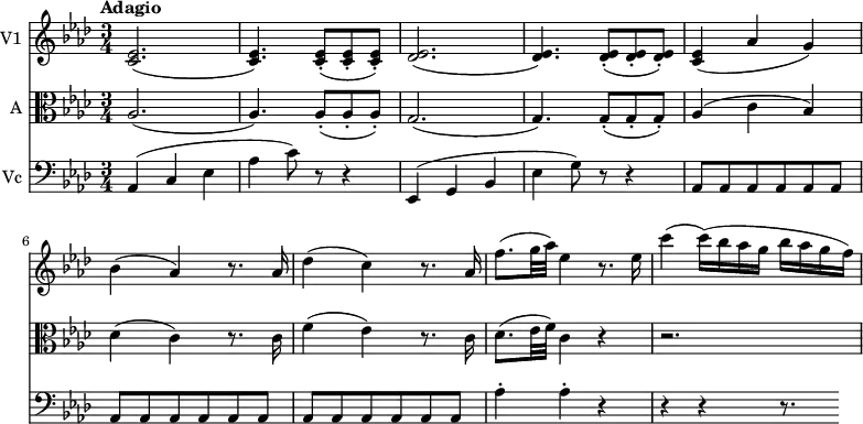 
<< \new Staff \with { instrumentName = #"V1 "}  
     \relative c' {
    \version "2.18.2"
    \key aes \major 
    \tempo "Adagio"
    \time 3/4
    \tempo 4 = 70
  <c ees>2. (<c ees>4.) <c-. ees>8 ( <c-. ees>  <c-. ees>)
  <des ees>2. (<des ees>4.) <des-. ees>8 ( <des-. ees>  <des-. ees>)
  <c ees>4 (aes' g)
  bes4 (aes) r8. aes16
  des4 (c)r8. aes16
  f'8. (g32 aes) ees4 r8. ees16
  c'4 (c16) (bes aes g bes aes g f)
}
\new Staff \with { instrumentName = #"A "} \relative c' {
    \key aes \major 
    \clef "alto"
    aes2. (aes4.) aes8-. (aes-. aes-.)
    g2. (g4.) g8-. ([g-. g-.])
    aes4 (c bes)
    des (c) r8. c16
    f4 (ees) r8. c16
    des8. (ees32 f) c4 r r2.
 }
 \new Staff \with { instrumentName = #"Vc "} \relative c' {
    \key aes \major 
    \clef "bass"
    aes,4 (c  ees aes c8) r8 r4
    ees,,4 (g  bes ees g8) r8 r4
    aes,8 \repeat unfold  17 {aes}
    aes'4-. aes-. r r r r8.
 } 
>>
