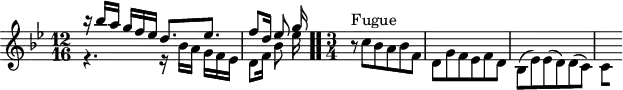 
\version "2.18.2"
\header {
  tagline = ##f
}

\score {
  \new Staff \with {
}
<<
  \relative c'' {
    \key bes \major
    \time 12/16
    \set Staff.midiInstrument = #"harpsichord" 

     %% INCIPIT CBT II-7, BWV 876, mi bémol majeur
     << { b'16\rest bes16 a g f ees d8.[ ees] f8 d16 ees8 g16 } \\ { r4. r16 bes,16 a g f ees d8 f16 bes8 ees16 } >>  \bar ".."

     \time 3/4 \partial 2.
     \stemDown r8^\markup{Fugue} c8 bes a bes f d g f ees f d bes( ees) ees( d) d( c) 
{ 
 % suppression des warnings :
 #(ly:set-option 'warning-as-error #f)
 #(ly:expect-warning (_ "stem does not fit in beam")) %% <= à traduire éventuellement
 #(ly:expect-warning (_ "beam was started here")) %% <= à traduire éventuellement
  \set stemRightBeamCount = #1
  c4*1/4[ s]
} 

  }
>>
  \layout {
     \context { \Score \remove "Metronome_mark_engraver" 
     \override SpacingSpanner.common-shortest-duration = #(ly:make-moment 1/3)
        }
  }
  \midi {}
}
