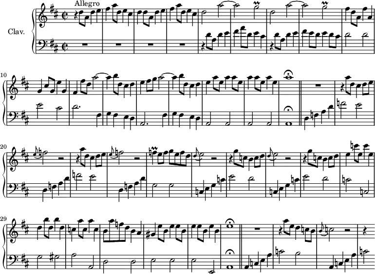 \version "2.18.2"
\header {
tagline = ##f
% composer = "Domenico Scarlatti"
% opus = "K. 335"
% meter = "Allegro"
}
%% les petites notes
trillGb = { \tag #'print { g2\prall } \tag #'midi { a16 g a g~ g4 } }
trillF = { \tag #'print { f4\prall } \tag #'midi { g16 f g f } }
upper = \relative c'' {
\clef treble
\key d \major
\time 2/2
\tempo 2 = 110
\set Staff.midiInstrument = #"harpsichord"
\override TupletBracket.bracket-visibility = ##f
s8*0^\markup{Allegro}
r4 d8 a d4 e | fis a8 d, e4 cis | d d8 a d4 e | fis a8 d, e4 cis |
% ms. 5
\repeat unfold 2 { d2 a'~ | a \trillGb } | fis4 d8 a fis'4 a, |
% ms. 10
g4 cis8 g e'4 g, | fis fis'8 d a'2~ | a4 b8 d, cis4 d | e fis8 g a2~ | a4 b8 d, cis4 d |
% ms. 15
e4 \repeat unfold 3 { a8 e a4 } | e a1\fermata \bar "||" R1 | \repeat unfold 2 { r4 a8 d, cis4 d8 e |
% ms. 20
\appoggiatura e8 f2 r2 } | \trillF e8 f g e f d | \appoggiatura d8 e2 r2 |
% ms. 25
r4 g8 c, b4 c8 d | \appoggiatura d8 e2 r2 | r4 g8 c, b4 c8 d | e4 c'8 e, c'4 e, | d b'8 d, b'4 d, |
% ms. 30
c4 a'8 c, a'4 c, | b8 a' f d b4 a | gis \repeat unfold 3 { e'8 b e4 } | b e1\fermata \bar "||"
% ms. 35
R1 | r4 a8 e d4 c8 b | \appoggiatura b8 c2 r2 | r4 s4
}
lower = \relative c' {
\clef bass
\key d \major
\time 2/2
\set Staff.midiInstrument = #"harpsichord"
\override TupletBracket.bracket-visibility = ##f
% ************************************** \appoggiatura a16 \repeat unfold 2 { } \times 2/3 { } \omit TupletNumber
R1*4 | r4 d8 a d4 e | fis a8 d, e4 cis | r4 d8 a d4 e | fis e8 d e 4 d8 cis | d2 d |
% ms. 10
e2 cis | d2. fis,4 | g fis e d | a2. fis'4 | g fis e d |
% ms. 15
a2 a | a a | a1\fermata | d4 f a d | \repeat unfold 2 { f2 e |
% ms. 20
d,4 f a d } | g,2 g | \repeat unfold 2 { c,4 e g c |
% ms. 25
e2 d } | c c, | g' gis |
% ms. 30
a2 a, | d d | e e | e e, | a1\fermata |
% ms. 35
a4 c e a | c2 b | a,4 c e a | c2
}
thePianoStaff = \new PianoStaff <<
\set PianoStaff.instrumentName = #"Clav."
\new Staff = "upper" \upper
\new Staff = "lower" \lower
>>
\score {
\keepWithTag #'print \thePianoStaff
\layout {
#(layout-set-staff-size 17)
\context {
\Score
\override SpacingSpanner.common-shortest-duration = #(ly:make-moment 1/2)
\remove "Metronome_mark_engraver"
}
}
}
\score {
\keepWithTag #'midi \thePianoStaff
\midi { }
}
