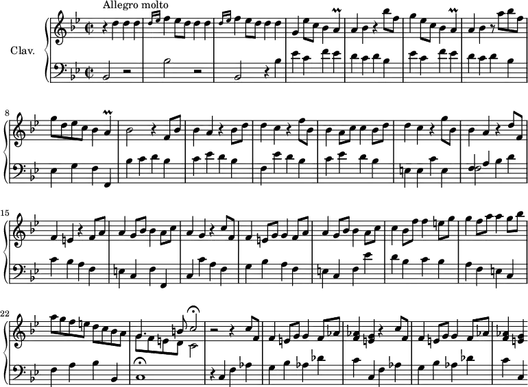 \version "2.18.2"
\header {
tagline = ##f
% composer = "Domenico Scarlatti"
% opus = "K. 473"
% meter = "Allegro molto"
}
%% les petites notes
trillA = { \tag #'print { a4\prall } \tag #'midi { bes32 a bes a~ a8 } }
upper = \relative c'' {
\clef treble
\key bes \major
\time 2/2
\tempo 2 = 82
s8*0^\markup{Allegro molto}
r4 d4 d d | \repeat unfold 2 { \grace { \tempo 2 = 52 d16 ees } \tempo 2 = 82 f4 ees8 d d4 d } | g, ees'8 c bes4 \trillA
% ms. 5
a4 bes r4 bes'8 f | g4 ees8 c bes4 \trillA |a4 bes r8 a'8 bes f | g d ees c bes4 \trillA | bes2 r4 f8 bes |
% ms. 10
bes4 a r4 bes8 d | d4 c r4 f8 bes, | bes4 a8 c c4 bes8 d | d4 c r4 g'8 bes, | bes4 a r4 d8 f, |
% ms. 15
f4 e r4 f8 a | a4 g8 bes bes4 a8 c | a4 g r4 c8 f, | f4 e8 g g4 f8 a | a4 g8 bes bes4 a8 c |
% ms. 20
c4 bes8 f' f4 e8 g | g4 f8 a a4 g8 bes | a g f e d c bes a | << { \mergeDifferentlyDottedOn g4. b8 c2\fermata } \\ { g8 f e d c2 } >>
% ms. 24
r2 \repeat unfold 2 { r4 c'8 f, | f4 e8 g g4 f8 aes | < f aes >4 < e g > }
% ms. 29
% ms. 34
% ms. 38
}
lower = \relative c' {
\clef bass
\key bes \major
\time 2/2
% ************************************** \appoggiatura a16 \repeat unfold 2 { } \times 2/3 { } \omit TupletNumber
bes,2 r2 | bes'2 r2 | bes,2 r4 bes'4 | \repeat unfold 2 { ees c f ees |
% ms. 5
d4 c d bes } | ees,4 g f f, | bes' c d bes |
% ms. 10
c ees d bes | f ees' d bes | c ees d bes | e, e c' e, | << { f4 a } \\ { f2 } >> bes4 d |
% ms. 15
c4 bes a f | e c f f, | c' c' a f | g bes a f | e c f ees' |
% ms. 20
d4 bes c bes | a f e c | f a bes bes, c1\fermata |
% ms. 24
r4 \repeat unfold 2 { c4 f aes | g bes aes des c } c,4
% ms. 29
% ms. 34
% ms. 38
}
thePianoStaff = \new PianoStaff <<
\set PianoStaff.instrumentName = #"Clav."
\new Staff = "upper" \upper
\new Staff = "lower" \lower
>>
\score {
\keepWithTag #'print \thePianoStaff
\layout {
#(layout-set-staff-size 17)
\context {
\Score
\override TupletBracket.bracket-visibility = ##f
\override SpacingSpanner.common-shortest-duration = #(ly:make-moment 1/2)
\remove "Metronome_mark_engraver"
}
}
}
\score {
\keepWithTag #'midi \thePianoStaff
\midi { \set Staff.midiInstrument = #"harpsichord" }
}