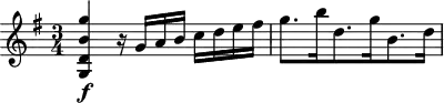 
\header {
  tagline = ##f
}

\score {
  \new Staff \with {

  }
<<
  \relative c'' {
    \key g \major
    \time 3/4
    \override TupletBracket #'bracket-visibility = ##f 
    \autoBeamOff

     %%%%%%%%%%%%%%%%%%%%%%%%%% K41
     < g' b, d, g, >4\f r16 g,16[ a b] c16[ d e fis] g8.[ b16 d,8. g16 b,8. d16]

  }
>>
  \layout {
    \context {
      \remove "Metronome_mark_engraver"
    }
  }
  \midi {}
}
