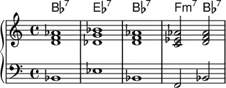 <<
    \new ChordNames \chordmode {
  bes1:7 ees:7 bes:7 f2:m7 bes2:7
  
}
     \new PianoStaff <<   \new Staff \relative c'{
< d f aes>1 <des g bes > < d f aes> <c ees aes >2 <d f aes > }
\new Staff { \clef bass bes,1 ees1 bes,1 f,2 bes,2 }>>
  >>