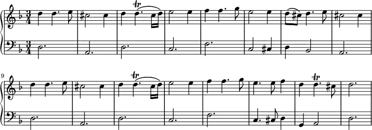 \version "2.18.2"
\new PianoStaff <<
\new Staff {
\key d \minor \time 3/4
d''4 d''4. e''8 cis''2 cis''4
d''4 d''4.\trill\( c''16 d''\) e''2 e''4
f''4 f''4. g''8 e''2 e''4
d''8\( cis''\) d''4. e''8 cis''2 cis''4
d''4 d''4. e''8 cis''2 cis''4
d''4 d''4.\trill\( c''16 d''\) e''2 e''4
f''4 f''4. g''8 e''4. e''8 f''4
d''4 d''4.\trill cis''8 d''2.
}
\new Staff {
\clef bass \key d \minor \time 3/4
d2. a, d c f c2 cis4 d4 b,2 a,2.
d2. a, d c f c4. cis8 d4 g,4 a,2
d2.
}
>>
