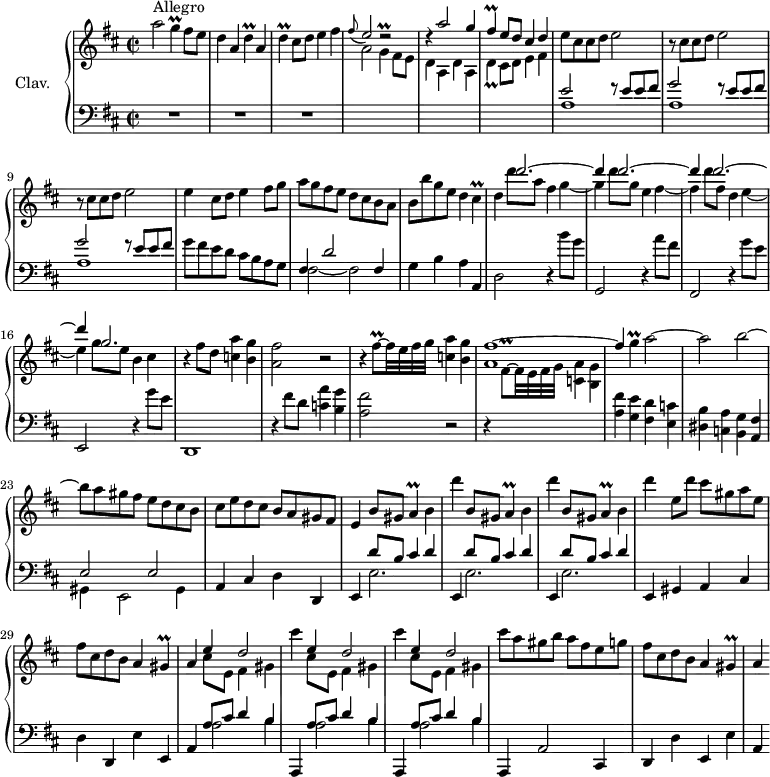 \version "2.18.2"
\header {
tagline = ##f
% composer = "Domenico Scarlatti"
% opus = "K. 509"
% meter = "Allegro"
}
%% les petites notes
trillD = { \tag #'print { d4\prall } \tag #'midi { e32 d e d~ d8 } }
trillDdw = { \tag #'print { d4_\prall } \tag #'midi { e32 d e d~ d8 } }
trillG = { \tag #'print { g4\prall } \tag #'midi { a32 g a g~ g8 } }
trillGUp = { \tag #'print { g'4\prall } \tag #'midi { a32 g a g~ g8 } }
trillFis = { \tag #'print { fis4\prall } \tag #'midi { g32 fis g fis~ fis8 } }
trillCis = { \tag #'print { cis4\prall } \tag #'midi { d32 cis d cis~ cis8 } }
trillFisqUp = { \tag #'print { fis'8\prall~ } \tag #'midi { g32 fis g fis~ } }
trillA = { \tag #'print { a4\prall } \tag #'midi { b32 a b a~ a8 } }
trillGis = { \tag #'print { gis4\prall } \tag #'midi { a32 gis a gis~ gis8 } }
upper = \relative c'' {
\clef treble
\key d \major
\time 2/2
\tempo 2 = 72
\set Staff.midiInstrument = #"harpsichord"
s8*0^\markup{Allegro}
a'2 \trillG fis8 e | d4 a \trillD a | \trillD cis8 d e4 fis | \appoggiatura fis8 \stemUp e2 r2 | r4 a2 g4 \stemUp |
% ms. 6
\trillFis e8 d cis4 d \stemNeutral | e8 cis cis d e2 | \repeat unfold 2 { r8 cis8 cis d e2 } |
% ms. 10
e4 cis8 d e4 fis8 g | a g fis e d cis b a | b b' g e d4 \trillCis | d4
% ms. 13 suite
<< { d'2.~ | d4 d2.~ | d4 d2.~ d4 | g,2. }
\\ { d'8 a fis4 g4~ | g d'8 g, e4 fis~ | fis d'8 fis, d4 e~ | e g8 e b4 cis } >> |
r4 fis8 d < c a' >4 < b g' > | < a fis' >2 r2 |
% ms. 19
r4 \trillFisqUp fis32 e fis g < c, a' >4 < b g' > | << { fis'1~ | fis4 } \\ { a,1 } >> \trillGUp a2~ | a b~ |
% ms. 23
b8 a gis fis e d cis b | cis e d cis b a gis fis | e4 b'8 gis \trillA b4 | \repeat unfold 2 { d' b,8 gis \trillA b4 } |
% ms. 28
d'4 e,8 d' cis gis a e | fis cis d b a4 \trillGis | a4 << { e'4 d2 } \\ { cis8 e, fis4 gis } >>
\repeat unfold 2 { cis'4 << { e,4 d2 } \\ { cis8 e, fis4 gis } >> }
% ms. 33
cis'8 a gis b a fis e g | fis cis d b a4 \trillGis | a4
}
lower = \relative c' {
\clef bass
\key d \major
\time 2/2
\set Staff.midiInstrument = #"harpsichord"
% ************************************** \appoggiatura a16 \repeat unfold 2 { } \times 2/3 { } \omit TupletNumber
R1*3 | \stemDown \change Staff = "upper" a'2 \trillG fis8 e | d4 a d4 a |
% ms. 6
\trillDdw cis8 d e4 fis | \stemNeutral \change Staff = "lower" | << { e2 r8 e8 e fis | \repeat unfold 2 { g2 r8 e8 e fis } } \\ { a,1 a a } >>
% ms. 10
g'8 fis e d cis b a g | << { fis4 d'2 fis,4 } \\ { fis2~ fis } >> g4 b a a, | d2 r4 b''8 g |
% ms. 14
g,,2 r4 a''8 fis | fis,,2 r4 g''8 e | e,,2 r4 g''8 e | d,,1 | r4 fis''8 d < c a' >4 < b g' >
% ms. 19
< a fis' >2 r2 | r4 \stemDown \change Staff = "upper" fis'8\prall~ fis32 e fis g < c, a' >4 < b g' > \stemNeutral \change Staff = "lower" | < a fis' > < g e' > < fis d' > < e c' > | < dis b' > < c a' > < b g' > < a fis' > |
% ms. 23
<< { e'2 e } \\ { gis,4 e2 gis4 } >> | a4 cis d d, | \repeat unfold 3 { e << { d''8 b cis4 d } \\ { e,2. } >> }
% ms. 28
e,4 gis a cis | d d, e' e, | a << { a'8 cis d4 b } \\ { a2 b4 } >> | \repeat unfold 2 { a,,4 << { a''8 cis d4 b } \\ { a2 b4 } >> }
% ms. 33
a,,4 a'2 cis,4 | d d' e, e' | a,
}
thePianoStaff = \new PianoStaff <<
\set PianoStaff.instrumentName = #"Clav."
\new Staff = "upper" \upper
\new Staff = "lower" \lower
>>
\score {
\keepWithTag #'print \thePianoStaff
\layout {
#(layout-set-staff-size 17)
\context {
\Score
\override TupletBracket.bracket-visibility = ##f
\override SpacingSpanner.common-shortest-duration = #(ly:make-moment 1/2)
\remove "Metronome_mark_engraver"
}
}
}
\score {
\keepWithTag #'midi \thePianoStaff
\midi { }
}