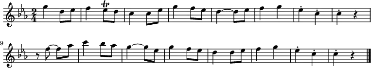 \relative c'' {
\key ees \major
\time 2/4
g'4 d8 ees | f4 ees8\trill d | c4 c8 ees | g4 f8 ees | d4 ~ d8 ees | f4 g | ees-. c-. | c-. r |
r8 f ~ f aes | c4 bes8 aes | g4 ~ g8 ees | g4 f8 ees | d4 d8 ees | f4 g | ees-. c-. | c-. r \bar "|."
}