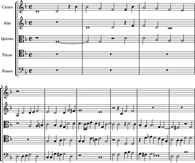\version "2.18.2"
\header {
tagline = ##f
}
global= {
\time 2/1
\set Staff.timeSignatureFraction = 2/2
\key f \major
\tempo 2 = 100
}
Canto = \new Voice \relative c' {
\set Staff.instrumentName = #"Canto"
\set Staff.midiInstrument = #"piccolo" %orchestral harp"
d1 d2 r4 bes'4 | bes2 g f f4 bes a2 g f e r1*12
% \addlyrics { Tir- si mor- ir vo- le- a } %
}
Alto = \new Voice \relative c' {
\set Staff.instrumentName = #"Alto"
\clef treble
\set Staff.midiInstrument = #"recorder"
R1*2 d1 d2 r4 f4 | f2 d c1 a2 d d4 e f2 e d d4 g2 fis4 g1 e |
r2 r4 c4 f2 f R1*4
}
Quinto = \new Voice \relative c' {
\set Staff.instrumentName = #"Quinto"
\clef alto
\set Staff.midiInstrument = #"orchestral harp"
r1 g1~ g2 g r2 d'2 d bes a a | r1 a2 a4 b | c2 bes4 a g d'2 d4 | d4. c16 d e4 d r4 g, c2~ c c r4 d2 c4 | bes a bes2. g4 g2~ | g fis r2 g2
}
Tenor = \new Voice \relative c' {
\set Staff.instrumentName = #"Ténor"
\clef tenor
\set Staff.midiInstrument = #"recorder"
R1*8 g2 g4 a bes2 a g4 g c b c2 g | r2 a2 d, d r4 d'4 ees d2 c4 bes g | bes2 a4 a d2 d
}
Basso = \new Voice \relative c {
\set Staff.instrumentName = #"Basso"
\clef bass
\set Staff.midiInstrument = #"dulcimer"
R1*6 d2 d4 e f2 d | c4 c g' fis g2 d
r1 c1 f2 f a4 bes a2 | g4 fis g2 ees1 | d2 d bes'1
}
\score {
\new StaffGroup <<
\new Staff << \global \Canto >>
\new Staff << \global \Alto >>
\new Staff << \global \Quinto >>
\new Staff << \global \Tenor >>
\new Staff << \global \Basso >>
>>
\layout {
#(layout-set-staff-size 18)
\context {
\Score
\remove "Metronome_mark_engraver"
\override SpacingSpanner.common-shortest-duration = #(ly:make-moment 1/3)
}
}
\midi { }
}