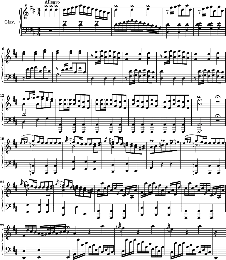 \version "2.18.2"
\header {
tagline = ##f
}
%% les petites notes
trillD = { \tag #'print { d4\prall } \tag #'midi { \times 2/3 { e32 d e } d16~ d8 } }
trillE = { \tag #'print { e4\prall } \tag #'midi { \times 2/3 { fis32 e fis } e16~ e8 } }
trillB = { \tag #'print { b4\prall } \tag #'midi { \times 2/3 { cis32 b cis } b16~ b8 } }
trillEacc = { \tag #'print { < a' e' >2.\prall } \tag #'midi { << { fis32 e fis e fis e~ e16~ e8~ e4 } \\ { a2. } >> } }
trillAq = { \tag #'print { a8\prall } \tag #'midi { \times 2/3 { b32 a b } a16 } }
trillCq = { \tag #'print { c8\prall } \tag #'midi { \times 2/3 { d32 c d } c16 } }
trillEq = { \tag #'print { e8\prall } \tag #'midi { \times 2/3 { f32 e f } e16 } }
upper = \relative c'' {
\clef treble
\key d \major
\time 3/4
\tempo 4 = 82
\set Staff.midiInstrument = #"harpsichord"
s8*0^\markup{Allegro}
\trillD \trillD \trillD | d16 e fis g a g fis e d cis b a | \trillD \trillD \trillE | r8 fis16 g a8 d, a' d, |
% ms. 5
r8 e16 fis g8 cis, g' cis, | < d fis >4 q < fis a > | < e g > q q | \repeat unfold 2 { r8 < a, fis' >16. < b g' >32 < a fis' >8 < b g' > < a fis' > < g e' > | < fis d' >4 q < g e' > }
% ms. 12
<< { fis'8 fis16. g32 a8 a g fis } \\ { a,4 a8 fis' e d } >> | \repeat unfold 2 { < a e' >8 q16. q32 q8 < fis d' > < e cis' > < d d' > } |
% ms. 15
\repeat unfold 3 { < a' e' >8 < fis d' > < e cis' > < d d' > } | \trillEacc | R2.\fermata
% ms. 19
<< { \grace { e'16( f } \stemUp g8) f16 e e8 e e e | \acciaccatura g16 f8 e16 d d8 d d e | \acciaccatura g16 f8 e16 d } \\ { c2. | b2 b8 cis | < a d >4 < c e >8 < b d > < a c > < gis b > } >> | \trillAq b8 \trillCq d8 \trillEq f8 |
% ms. 23
<< { \grace { e16( f } \stemUp g8) f16 e e8 e e e | \acciaccatura g16 f8 e16 d d8 d d e | \acciaccatura g16 f8 e16 d } \\ { c2. | b2 b8 cis | < a d >4 < c e >8 < b d > < a c > < gis b > } >> | a16 a' cis, e a, cis e, a cis, e a, a' |
% ms. 27
fis16 a' fis a d, fis a, d fis,a d, d' | cis a' cis, e a, cis e, a cis, e a, a' | fis d' cis b a gis32 a b a b cis \trillB |
% ms. 30
a4 r4 a'4 | \acciaccatura gis16 fis4 r4 a4 | \acciaccatura fis16 e4 r4 a4 | r16 s8.
}
lower = \relative c' {
\clef bass
\key d \major
\time 3/4
\set Staff.midiInstrument = #"harpsichord"
% ***********************
R2. | \trillD \trillD \trillD | d16 e fis g a g fis e d cis b a | < d, d' >4 q < fis d' > |
% ms. 5
< g d' e >4 q < a e' > | r8 fis'16 g a8 d, a' d, | << { r8 e16 fis g8 cis, g' cis, } \\ { a2. } >> | d,4 d d | r8 < fis d' >16. < g e' >32 < fis d' >8 < g e' > < fis d' > < e cis' > |
% ms. 10
< d d' >4 d d | r8 < fis d' >16. < g e' >32 < fis d' >8 < g e' > < fis d' > < e cis' > | << { d'2 } \\ { d,4 fis g } >> | \repeat unfold 4 { < a,, a'>4 q q } | \tempo 4 = 60 q2. | R2.\fermata %\fermataMarkup
% ms. 19
\tempo 4 = 82
< c c' >4 q q | < g' g' > q q | < d d' > < e e' > e | a r4 r4 |
% ms. 23
< c, c' >4 q q | < g' g' > q q | < d d' > e' e, | < a, a' > q q |
% ms. 27
< d d' >4 q q | < a a' > q q | < d d' > < e e' > e |
% ms. 30
a16 a'' cis, e a, cis e, a cis, e a, cis | d a'' fis a d, fis a, d fis, a d, a' | cis, e' cis e a, cis e, a cis, e a, cis | d,4
}
thePianoStaff = \new PianoStaff <<
\set PianoStaff.instrumentName = #"Clav."
\new Staff = "upper" \upper
\new Staff = "lower" \lower
>>
\score {
\keepWithTag #'print \thePianoStaff
\layout {
#(layout-set-staff-size 17)
\context {
\Score
\override SpacingSpanner.common-shortest-duration = #(ly:make-moment 1/2)
\remove "Metronome_mark_engraver"
}
}
}
\score {
\keepWithTag #'midi \thePianoStaff
\midi { }
}