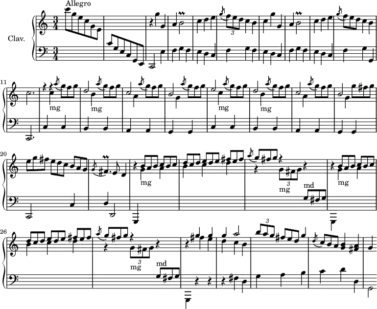 
\version "2.18.2"
\header {
  tagline = ##f
  % composer = "Domenico Scarlatti"
  % opus = "K. 515"
  % meter = "Allegro"
}

%% les petites notes
trillBesb     = { \tag #'print { b2\prall } \tag #'midi { c32 b c b~ b8~ b4 } }
trillFisp     = { \tag #'print { fis4.\prall } \tag #'midi { g32 fis g fis~ fis4 } }

upper = \relative c'' {
  \clef treble 
  \key c \major
  \time 3/4
  \tempo 4 = 186
  \set Staff.midiInstrument = #"harpsichord"
  \override TupletBracket.bracket-visibility = ##f

      s8*0^\markup{Allegro}
      c'8 g e c g e | s2. | r4 g'4 g, | a \trillBesb | c4 d e |
      % ms. 6
      \acciaccatura g8 \times 2/3 { f8 e d } c4 b | c g' g, a \trillBesb | c4 d e | \omit TupletNumber \acciaccatura g8 \times 2/3 { f8 e d } c4 b | c2.
      % ms. 12
      f4\rest f4\rest  \acciaccatura a8 \times 2/3 { g8 f g } | \stemUp d2 \acciaccatura a'8 \stemDown \times 2/3 { g8 f g } | \stemUp c,2 \acciaccatura a'8 \stemDown \times 2/3 { g8 f g } | \stemUp b,2 \acciaccatura a'8 \stemDown \times 2/3 { g8 f g } | \stemUp e2 \acciaccatura a8 \stemDown \times 2/3 { g8 f g } | \stemUp
      % ms. 17
       d2 \acciaccatura a'8 \stemDown \times 2/3 { g8 f g } | \stemUp c,2 \acciaccatura a'8 \stemDown \times 2/3 { g8 f g } | \stemUp b,2 \stemNeutral \times 2/3 { g'8 fis g } | \times 2/3 { e8 g fis } \times 2/3 { e8 d c } \times 2/3 { b8 a g } \acciaccatura g8 \trillFisp e8 d4 | \stemUp 
      % ms. 22 
      \repeat unfold 2 { r4 \times 2/3 { b'8 a b } \times 2/3 { c b c }  |  \times 2/3 { d c d } \times 2/3 { e d e } \times 2/3 { fis e fis }  |  \acciaccatura a8 \times 2/3 { g8 fis g } f4\rest \stemUp \change Staff = "lower" \times 2/3 { g,,8^\markup{md} fis g } \change Staff = "upper" }  |  b'4\rest << { g'4 g g a2 |
      % ms. 26
      \times 2/3 { b8 a g } } \\ { fis4 | e d c | b } >> \times 2/3 { fis'8 e d } g4  \acciaccatura d8 \times 2/3 { c8 b a } < g b >4 < fis a > | g4

}

lower = \relative c' {
  \clef bass
  \key c \major
  \time 3/4
  \set Staff.midiInstrument = #"harpsichord"
  \override TupletBracket.bracket-visibility = ##f

    % ************************************** \repeat unfold 2 {  }  \appoggiatura a8  \times 2/3 { }   \omit TupletNumber 
      s2. | c8 g e c g e | c2 e'4 | \repeat unfold 3 { f g f | e d c } |
      % ms. 10
      f4 g g, | c,2. |
      % ms. 12
      \repeat unfold 2 { c'4 \stemDown \change Staff = "upper" c''-\markup{mg} \stemUp \change Staff = "lower" c,, | b \stemDown \change Staff = "upper" b''-\markup{mg} \stemUp \change Staff = "lower" b,, | a \stemDown \change Staff = "upper" a'' \stemUp \change Staff = "lower" a,, | g \stemDown \change Staff = "upper" g'' \stemUp \change Staff = "lower" g,, } | c,2 c'4 | d d,2 |
      % ms. 22
      \repeat unfold 2 { g,4 \stemDown \change Staff = "upper" g'''4-\markup{mg} a | b c d | r4 \times 2/3 { g,8-\markup{mg} fis g  } r4 \change Staff = "lower" } | 
      % ms. 22
      g,,,4 r4 r4 | r4 fis''4 d | g a b | c d d, | g,2*1/2

}

thePianoStaff = \new PianoStaff <<
    \set PianoStaff.instrumentName = #"Clav."
    \new Staff = "upper" \upper
    \new Staff = "lower" \lower
  >>

\score {
  \keepWithTag #'print \thePianoStaff
  \layout {
      #(layout-set-staff-size 17)
    \context {
      \Score
     \override SpacingSpanner.common-shortest-duration = #(ly:make-moment 1/2)
      \remove "Metronome_mark_engraver"
    }
  }
}

\score {
  \keepWithTag #'midi \thePianoStaff
  \midi { }
}
