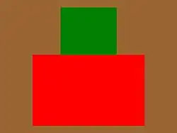 angle rouge surmonté d'un carré vert sur fond brun