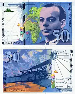 Billet de banquet (face avant et arrière). Face avant : portrait d'un homme avec une carte derrière. Face arrière : biplan en fond et au premier plan un enfant stylisé.