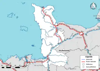 Carte du réseau routier national (autoroutes et routes nationales) dans le département de la Manche