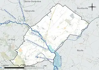 Carte en couleur présentant le réseau hydrographique de la commune