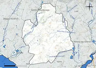 Carte en couleur présentant le réseau hydrographique de la commune