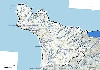 Carte en couleur présentant le réseau hydrographique de la commune