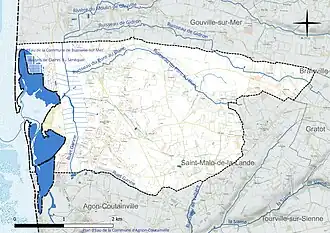 Carte en couleur présentant le réseau hydrographique de la commune