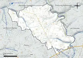 Carte en couleur présentant le réseau hydrographique de la commune