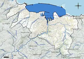 Carte en couleur présentant le réseau hydrographique de la commune