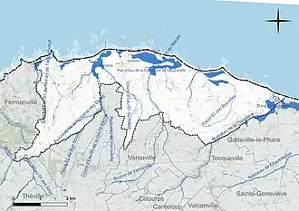 Carte en couleur présentant le réseau hydrographique de la commune