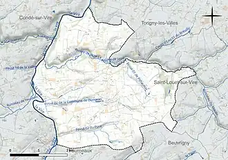 Carte en couleur présentant le réseau hydrographique de la commune