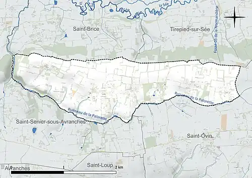 Carte en couleur présentant le réseau hydrographique de la commune