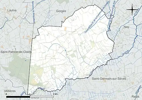Carte en couleur présentant le réseau hydrographique de la commune