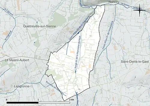 Carte en couleur présentant le réseau hydrographique de la commune