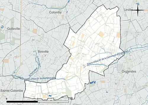 Carte en couleur présentant le réseau hydrographique de la commune