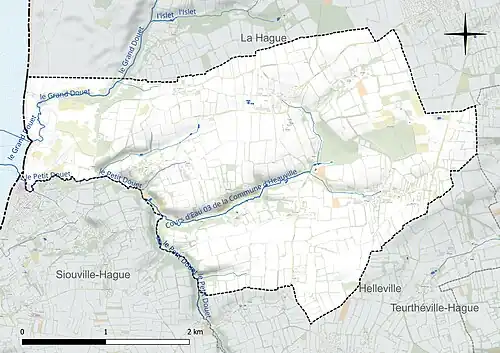 Carte en couleur présentant le réseau hydrographique de la commune