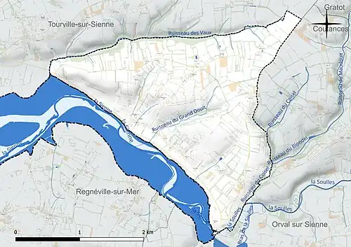 Carte en couleur présentant le réseau hydrographique de la commune