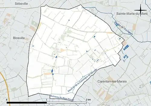 Carte en couleur présentant le réseau hydrographique de la commune