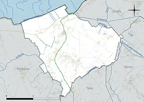 Carte en couleur présentant le réseau hydrographique de la commune