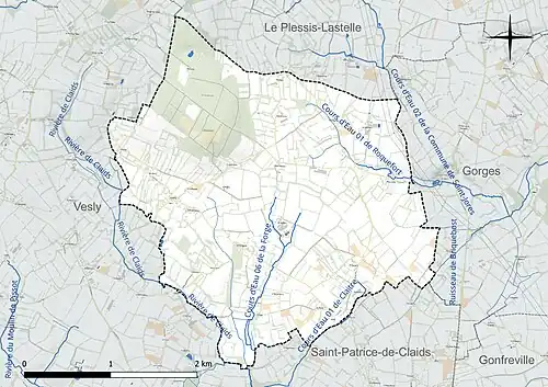 Carte en couleur présentant le réseau hydrographique de la commune