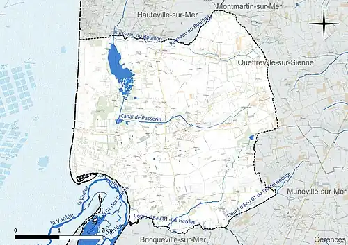 Carte en couleur présentant le réseau hydrographique de la commune
