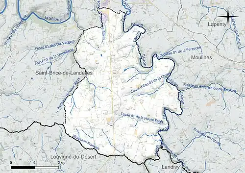 Carte en couleur présentant le réseau hydrographique de la commune
