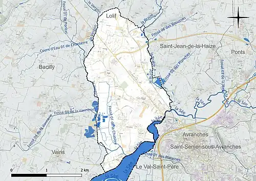 Carte en couleur présentant le réseau hydrographique de la commune