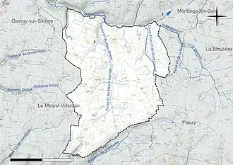 Carte en couleur présentant le réseau hydrographique de la commune