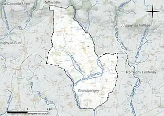 Carte en couleur présentant le réseau hydrographique de la commune