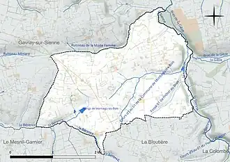 Carte en couleur présentant le réseau hydrographique de la commune