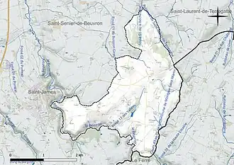 Carte en couleur présentant le réseau hydrographique de la commune