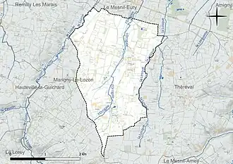 Carte en couleur présentant le réseau hydrographique de la commune