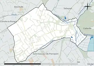 Carte en couleur présentant le réseau hydrographique de la commune