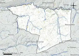 Carte en couleur présentant le réseau hydrographique de la commune