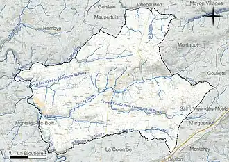 Carte en couleur présentant le réseau hydrographique de la commune