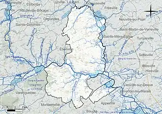 Carte en couleur présentant le réseau hydrographique de la commune