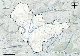 Carte en couleur présentant le réseau hydrographique de la commune