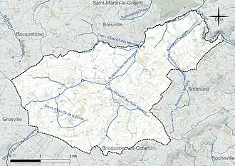 Carte en couleur présentant le réseau hydrographique de la commune