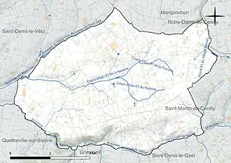 Carte en couleur présentant le réseau hydrographique de la commune