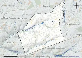 Carte en couleur présentant le réseau hydrographique de la commune