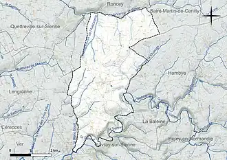 Carte en couleur présentant le réseau hydrographique de la commune